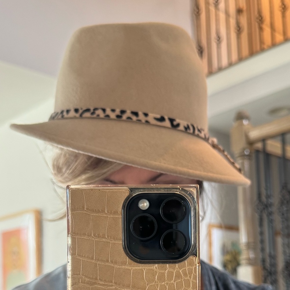Stylish Asymmetric wool Tan Bucket Hat with Leopard Band made in Italy